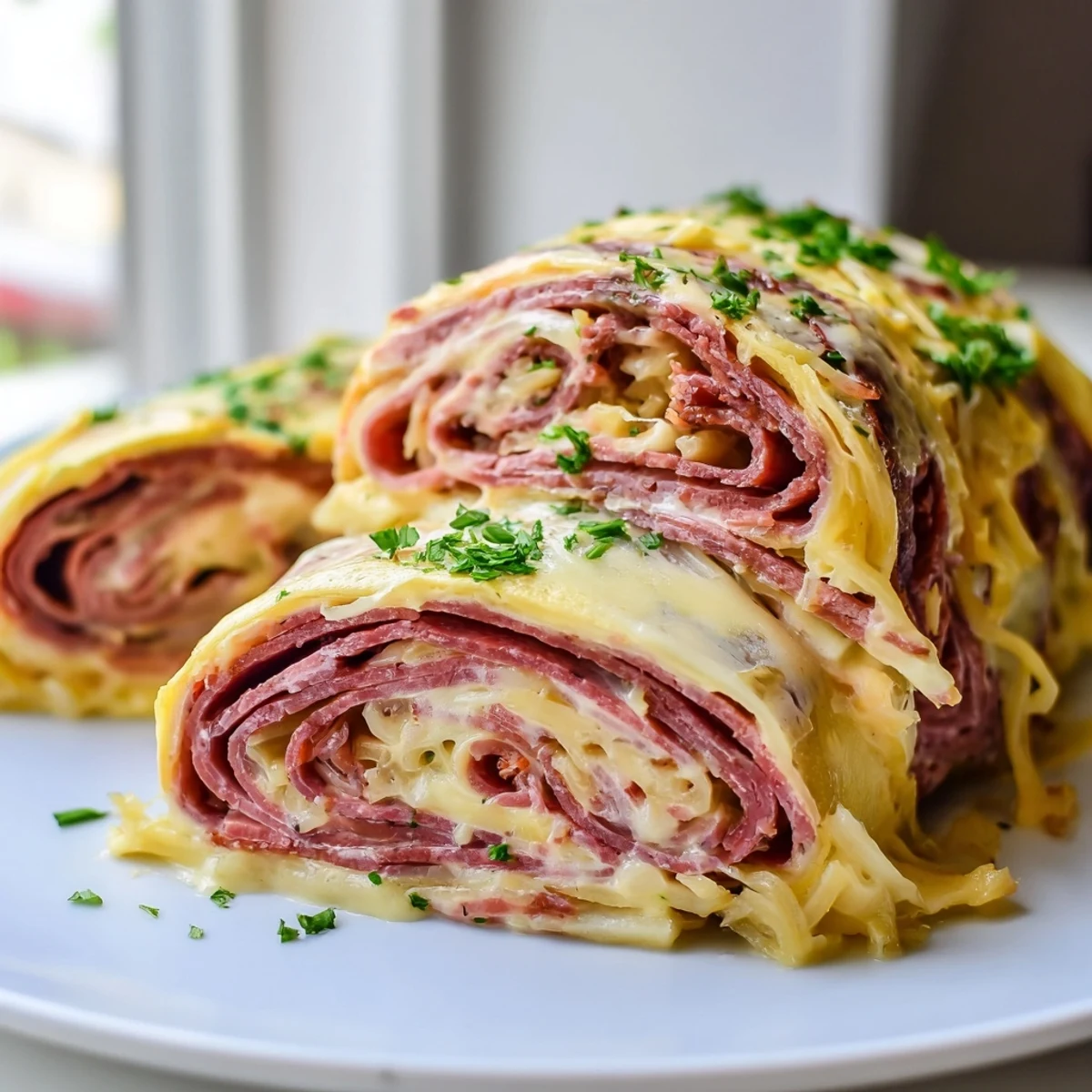 Golden low carb Reuben egg roll ups filled with corned beef and melted Swiss cheese