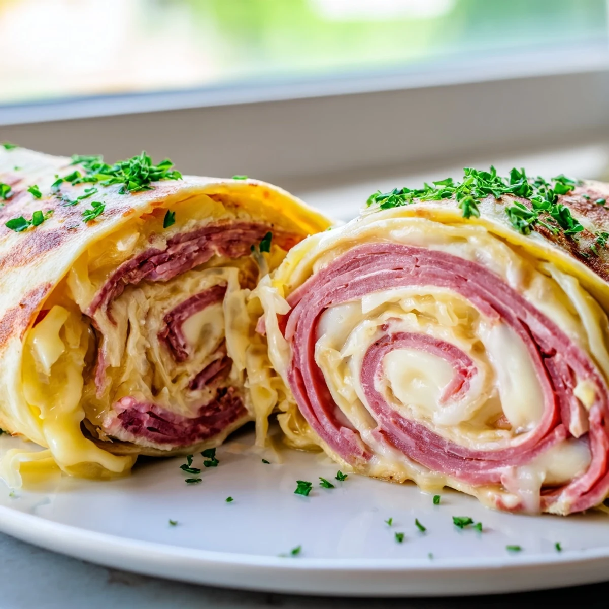 Savory low carb Reuben egg roll ups with tangy sauerkraut on white plate