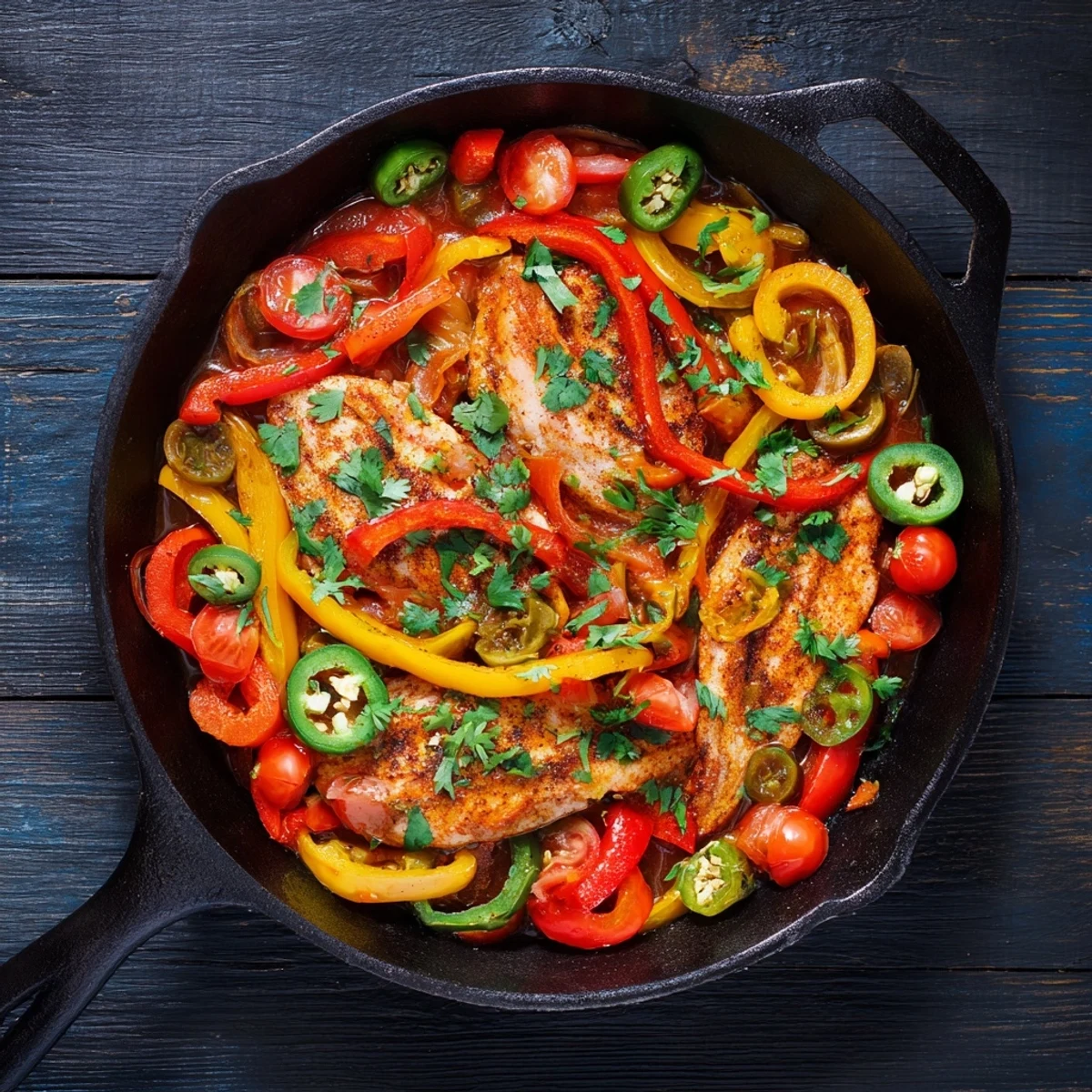 Golden tilapia fillets nestled in a spicy roasted pepper skillet with vibrant red and yellow peppers