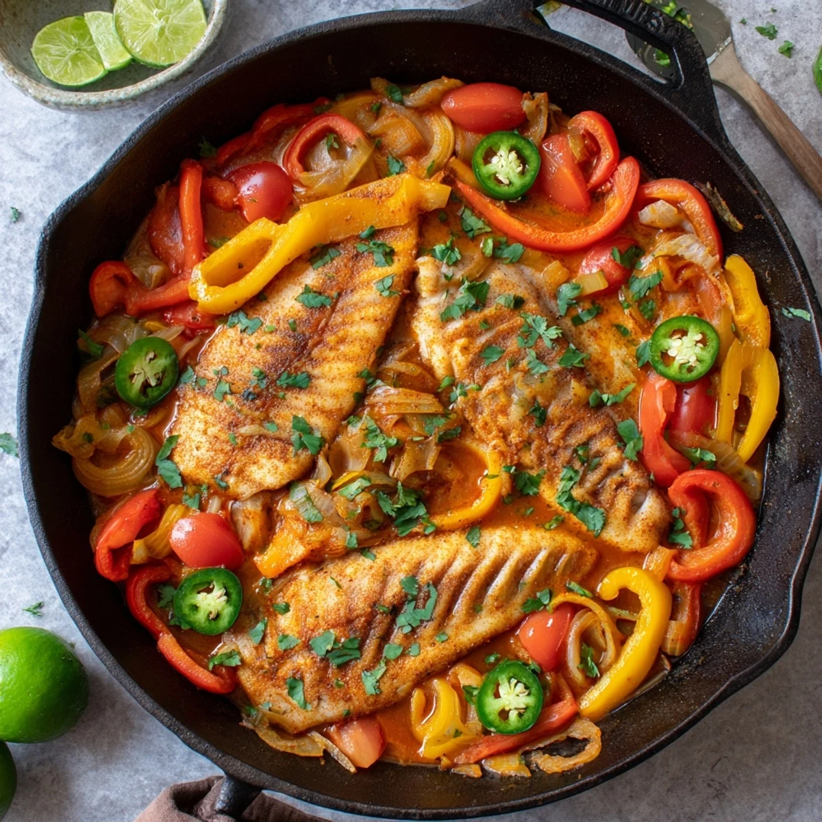 Spicy roasted pepper tilapia skillet simmering with tender fish juicy tomatoes and fresh cilantro garnish
