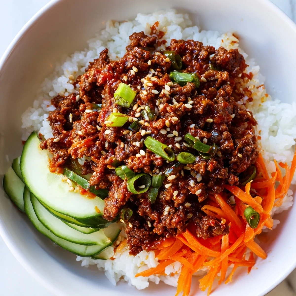 Savory Korean beef bowls topped with fresh vegetables and sesame seeds on white rice
