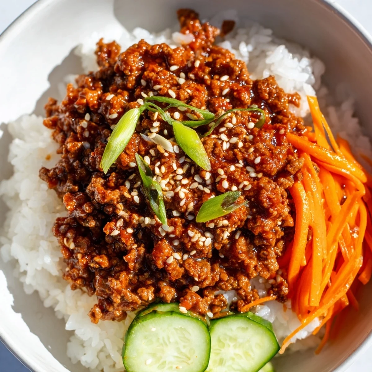 Korean beef bowls with caramelized ground beef cucumber carrots and steaming jasmine rice