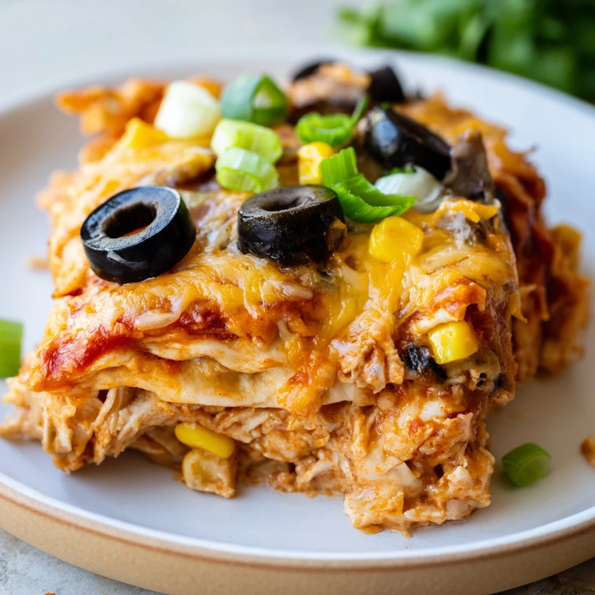 Golden bubbling cheese tops this cheesy shredded chicken enchilada bake with black beans and corn