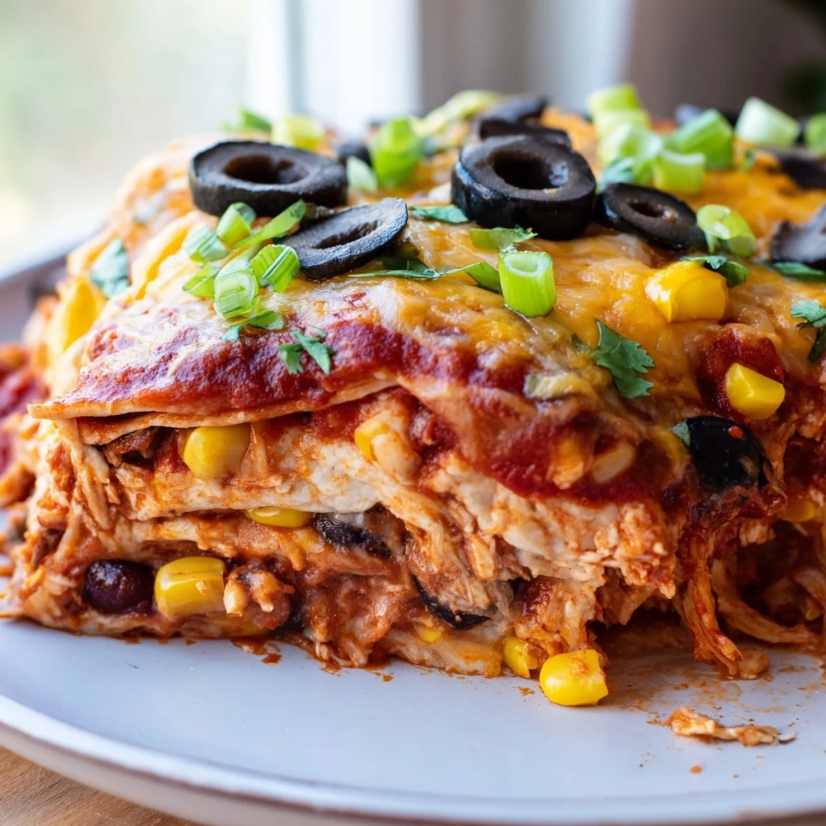 Cheesy shredded chicken enchilada bake layered with tender tortillas and spicy red sauce close-up