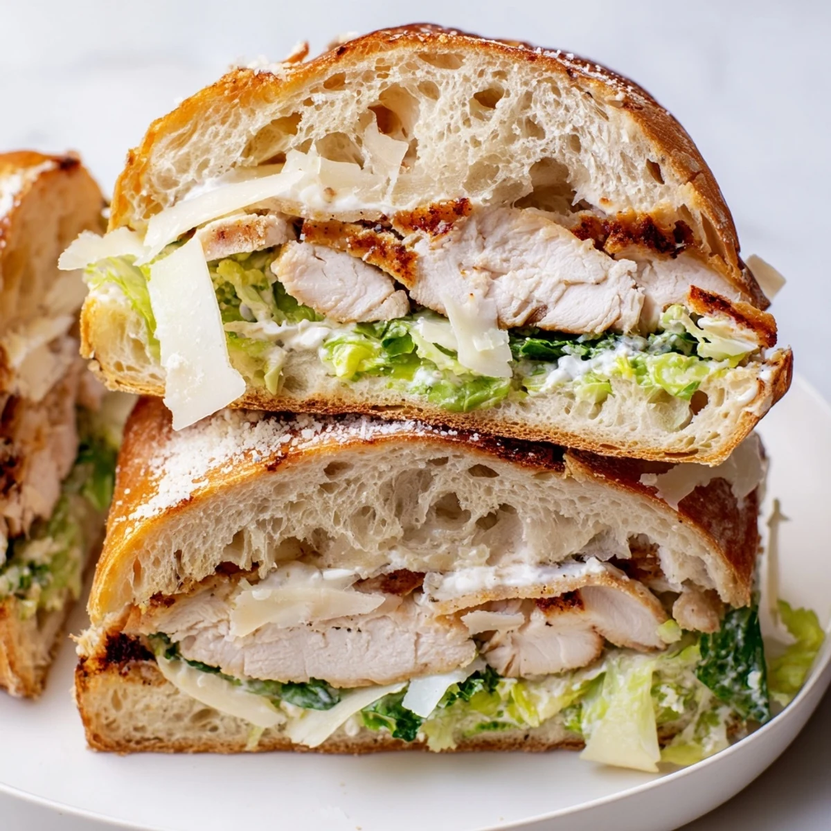 Golden toasted ciabatta holds juicy grilled chicken and crisp romaine in this Chicken Caesar Sandwich