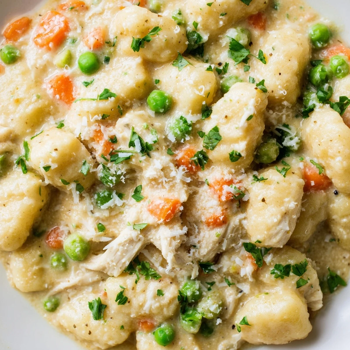 Creamy one pot gnocchi chicken pot pie in a cast iron skillet with golden sauce