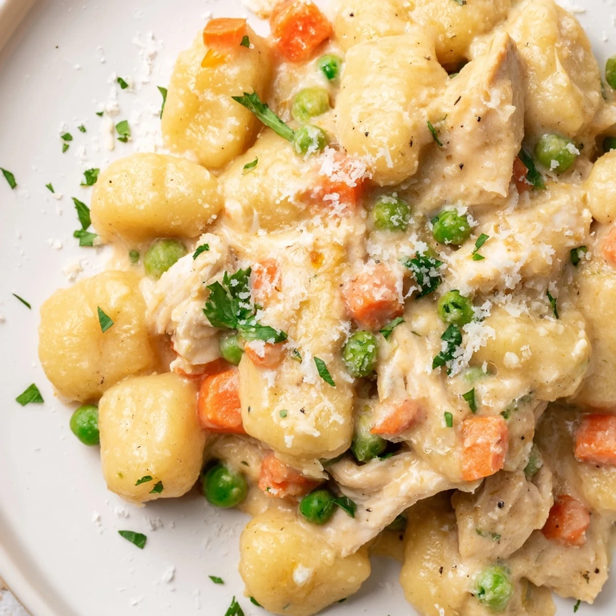 One pot gnocchi chicken pot pie with tender vegetables and pillowy potato dumplings