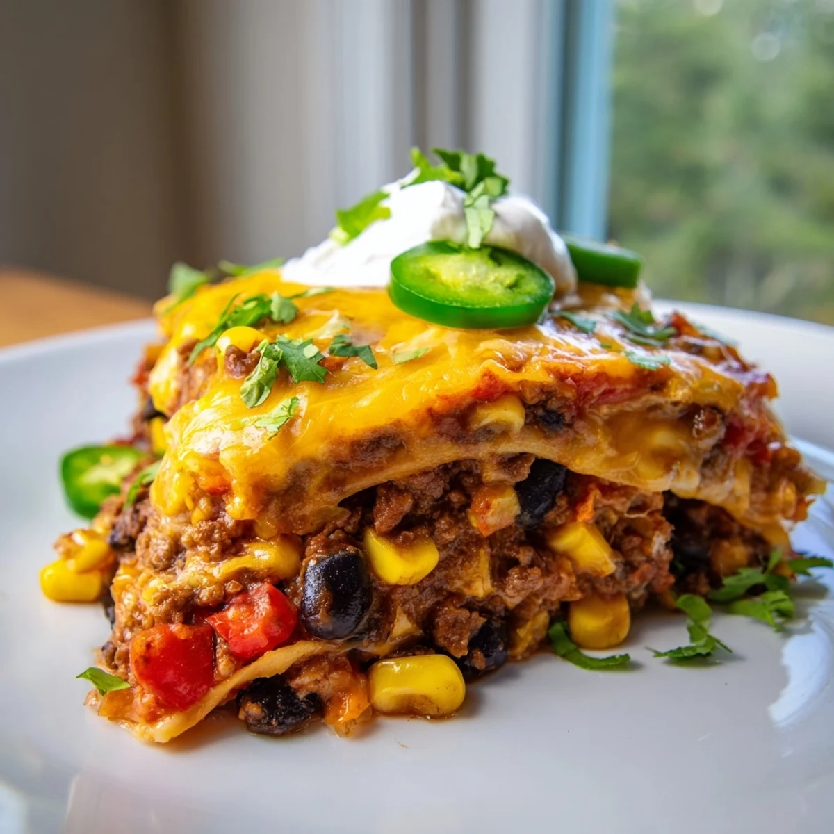 Golden melted cheese tops this Mexican lasagna with layers of seasoned beef and tortillas