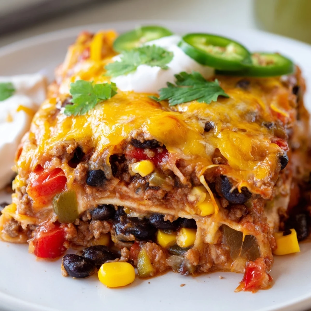 Mexican lasagna fresh from the oven with bubbly cheese and colorful pepper filling
