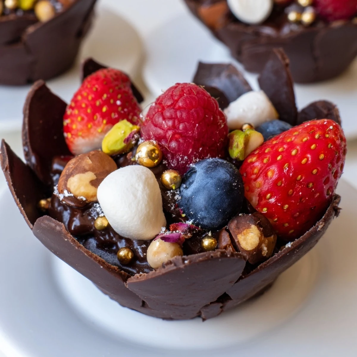 Decadent chocolate grazing cups filled with silky mousse and topped with fresh berries
