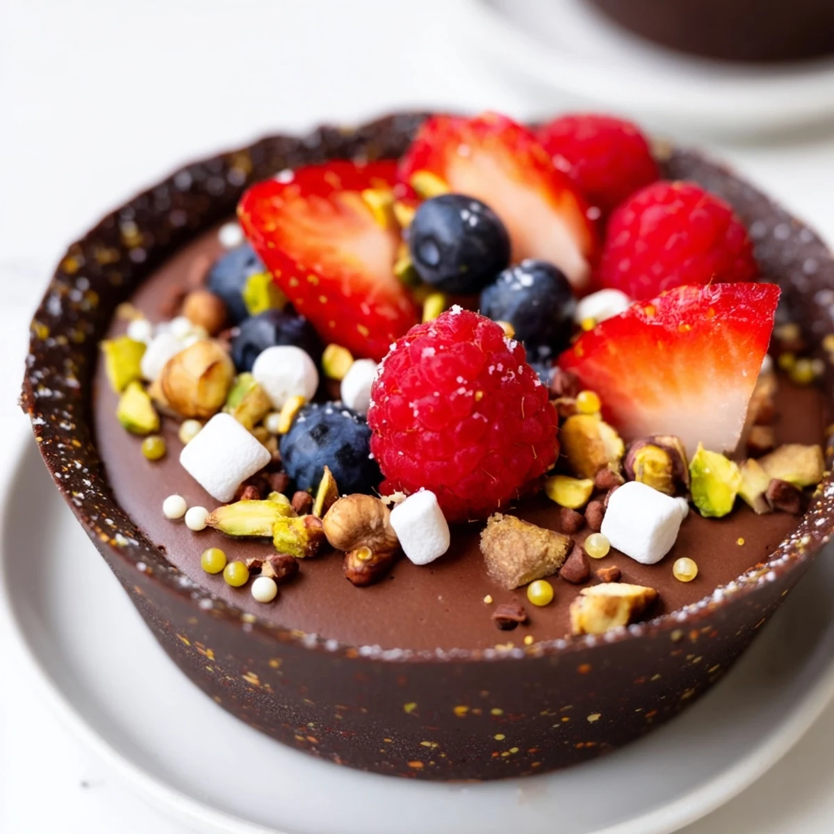 Rich chocolate mousse cups garnished with mixed berries and crunchy nuts for dessert
