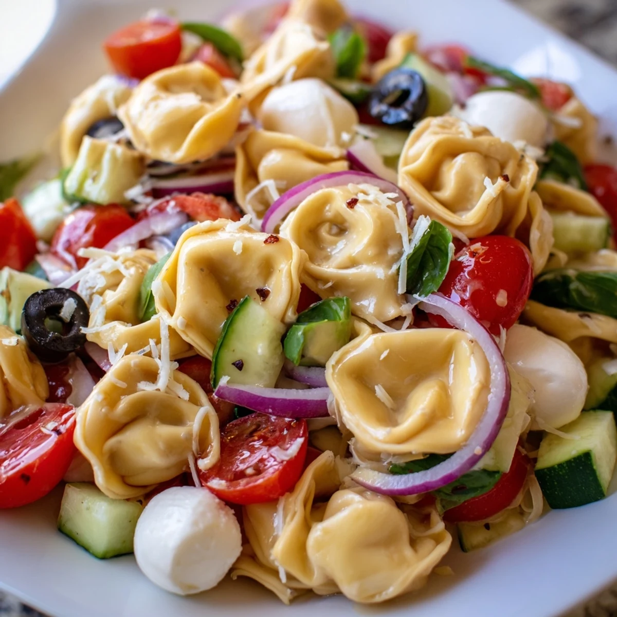 Colorful tortellini salad with cherry tomatoes, cucumber, and mozzarella tossed in zesty Italian dressing