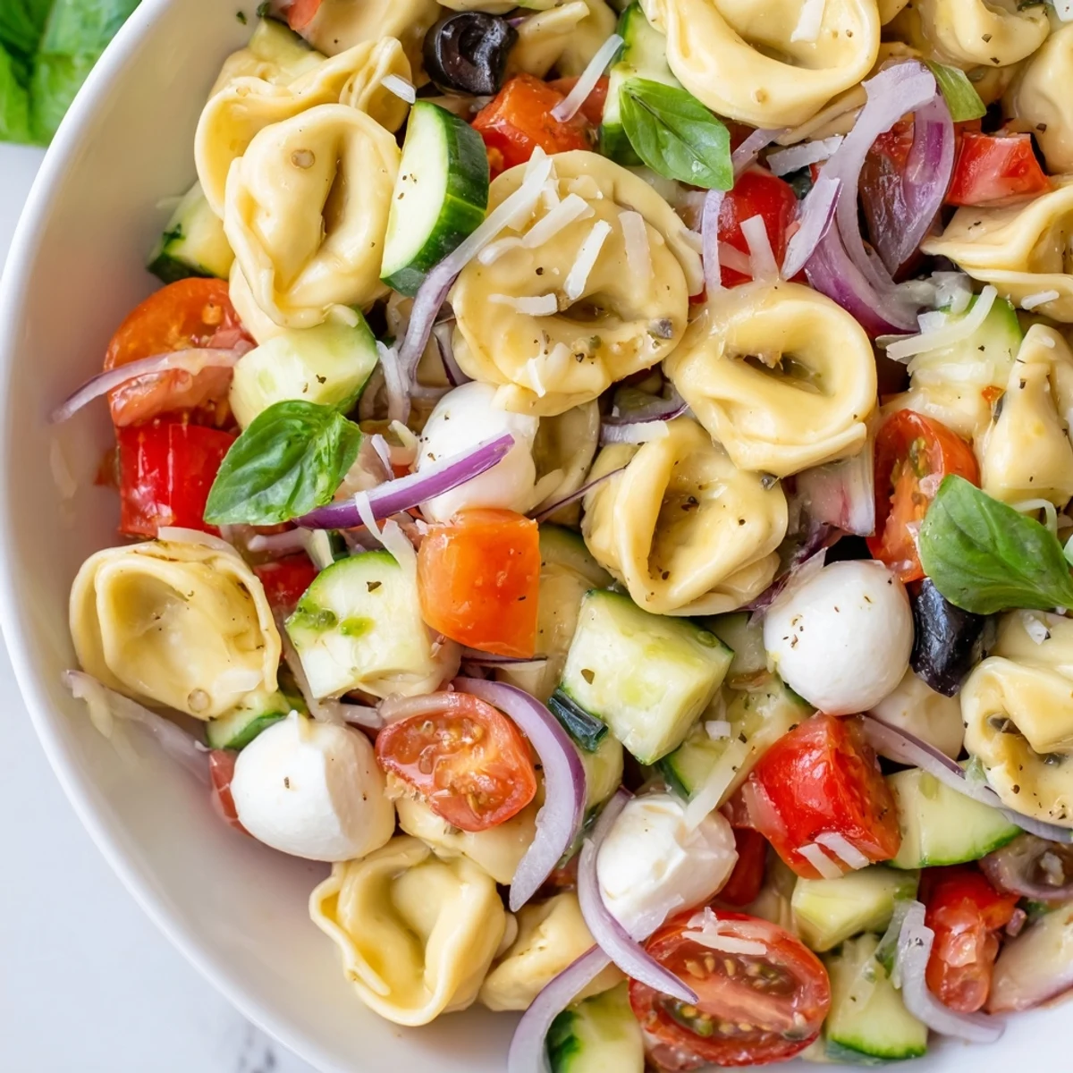 Creamy cheese tortellini salad loaded with crisp vegetables and fresh basil in a bowl