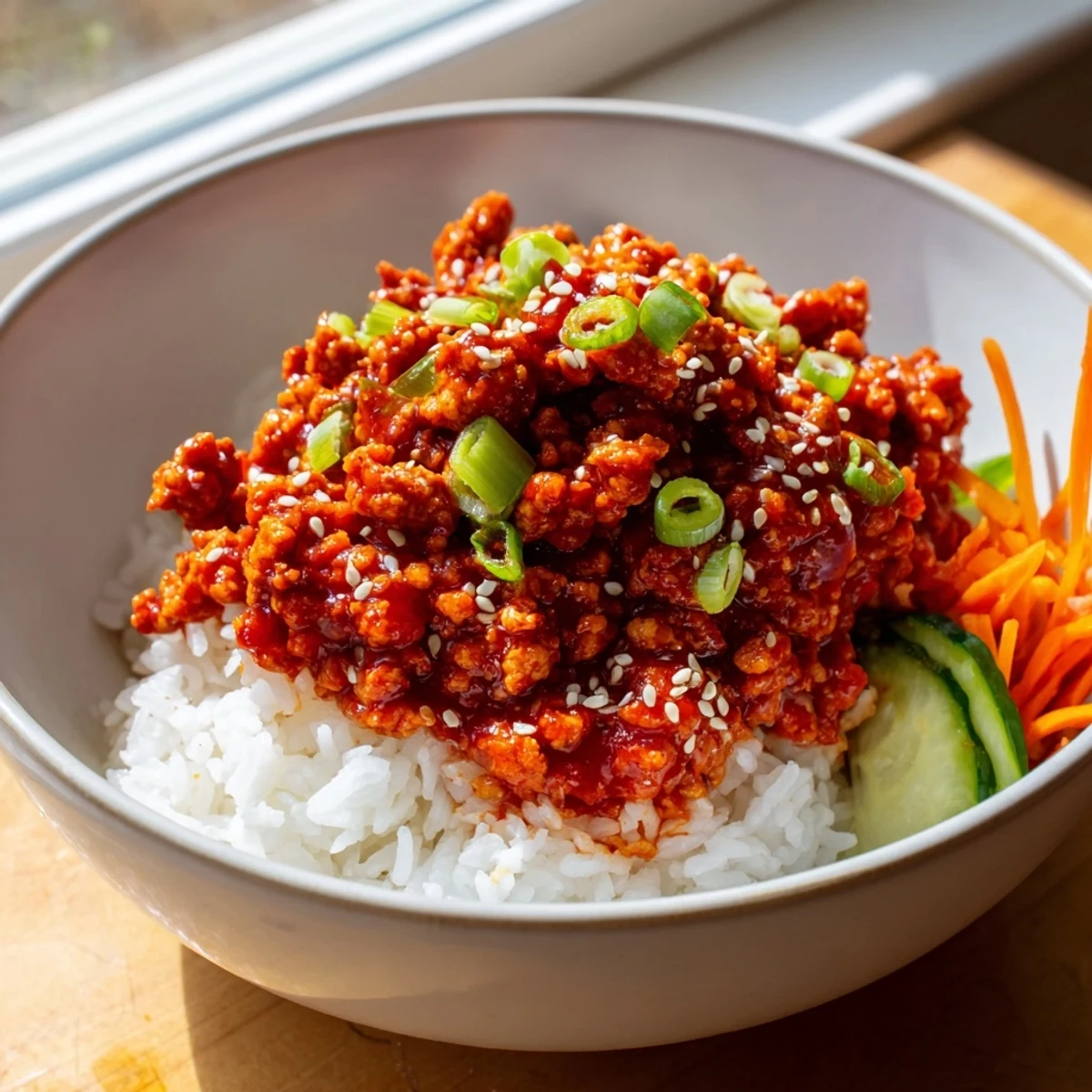 Firecracker Ground Chicken Bowls topped with crisp vegetables and sesame seeds in white bowls
