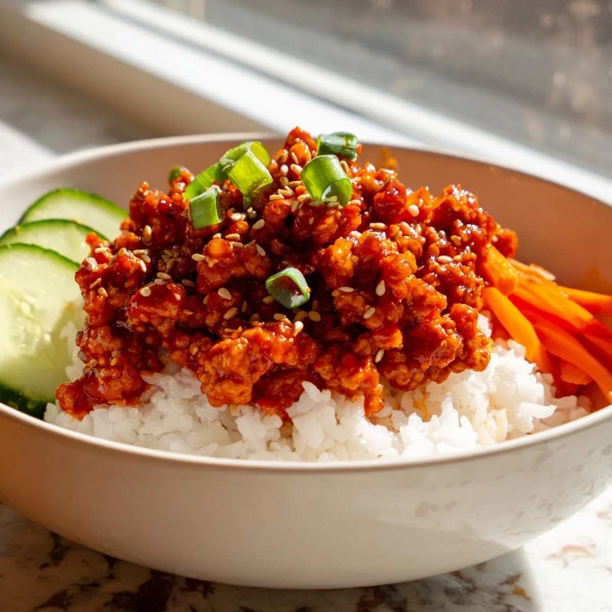 Spicy Firecracker Ground Chicken Bowls featuring glazed meat fresh cucumber carrots and bell peppers