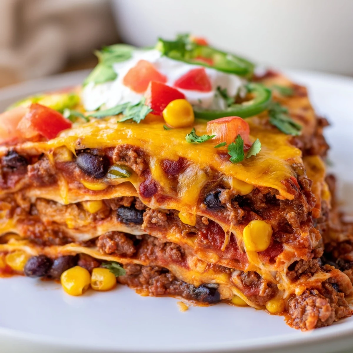 Golden bubbly cheese tops this hearty baked beef enchilada casserole fresh from the oven