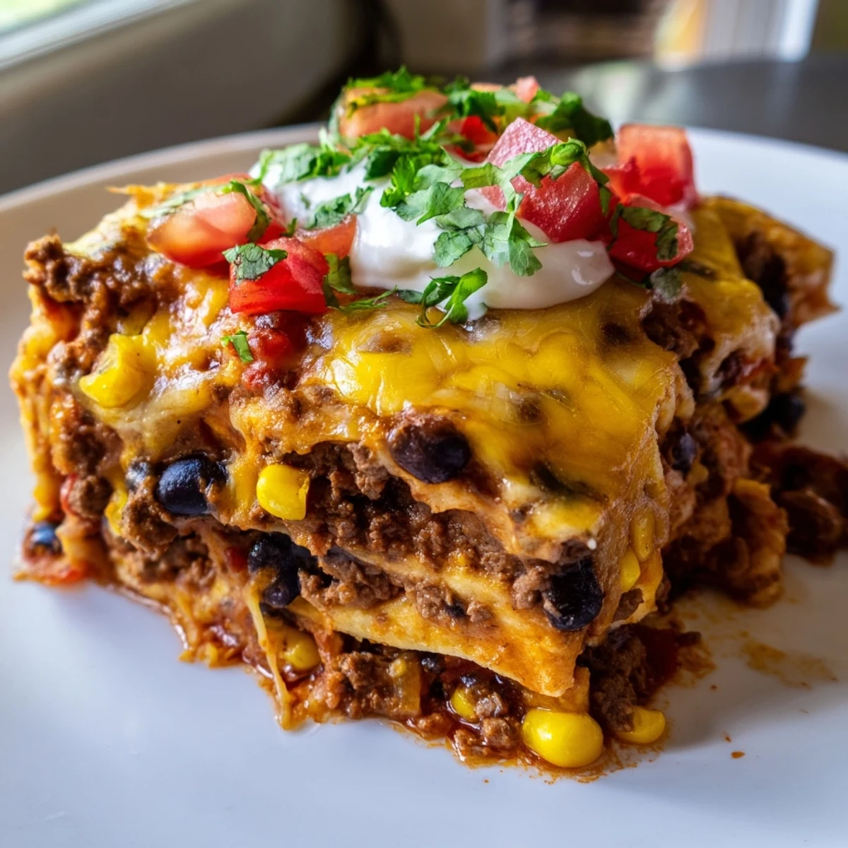A spoon lifts a gooey cheesy slice of baked beef enchilada casserole with seasoned beef