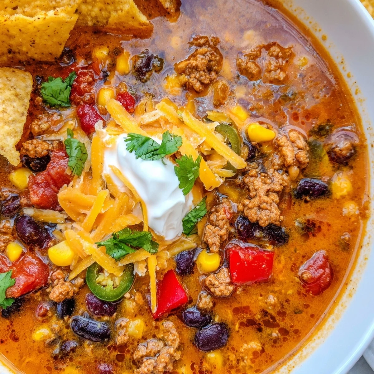 Steaming bowl of crockpot ground beef taco soup topped with shredded cheese and cilantro