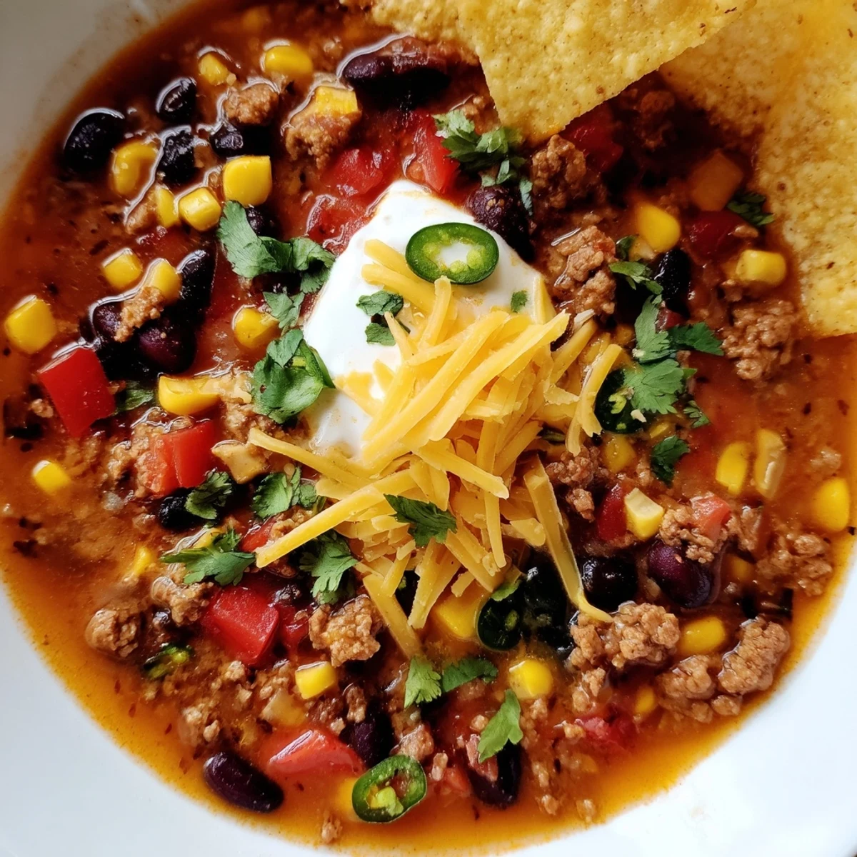 Hearty crockpot ground beef taco soup loaded with beans corn and rich tomato broth