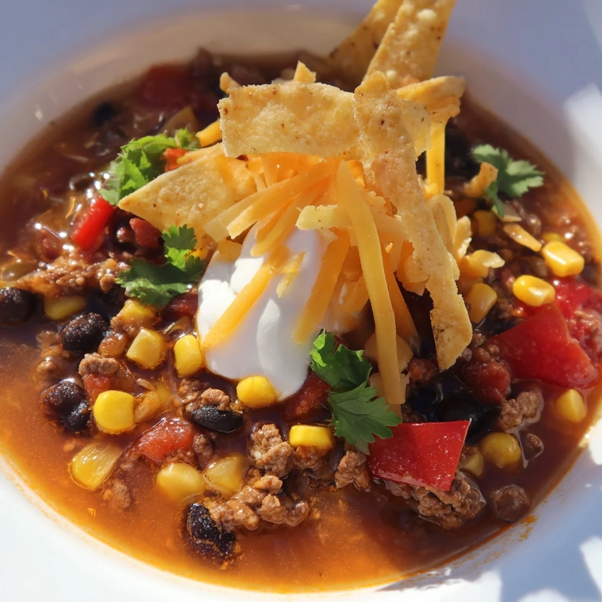 Thick crockpot ground beef taco soup served with tortilla chips and a dollop of sour cream