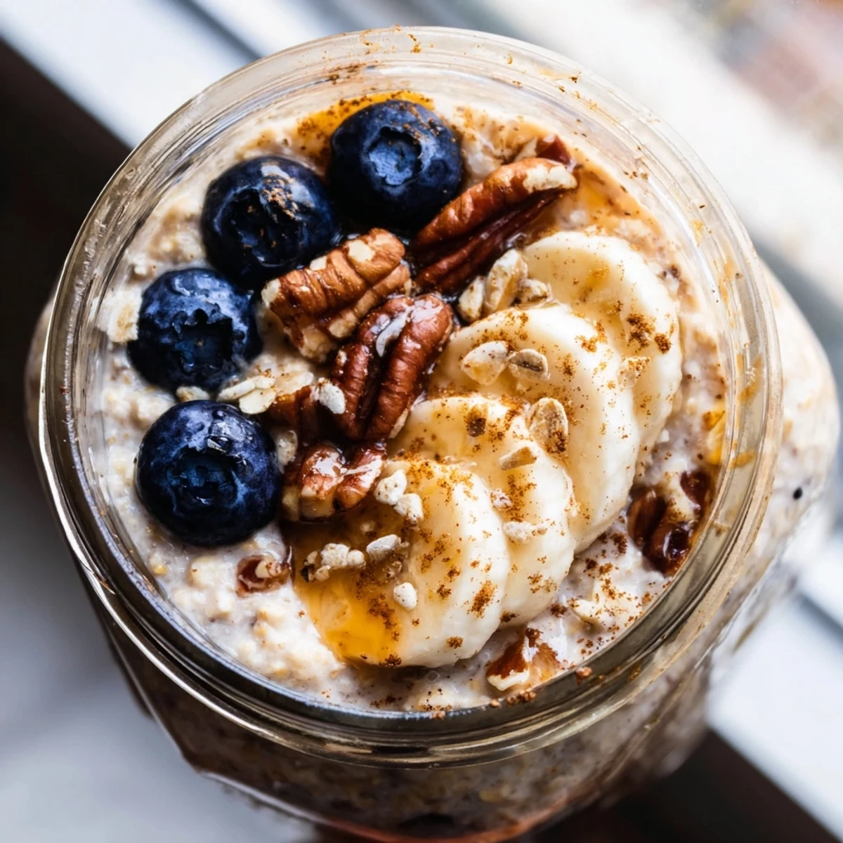 Creamy maple cinnamon pecan overnight oats in a glass jar topped with golden pecans