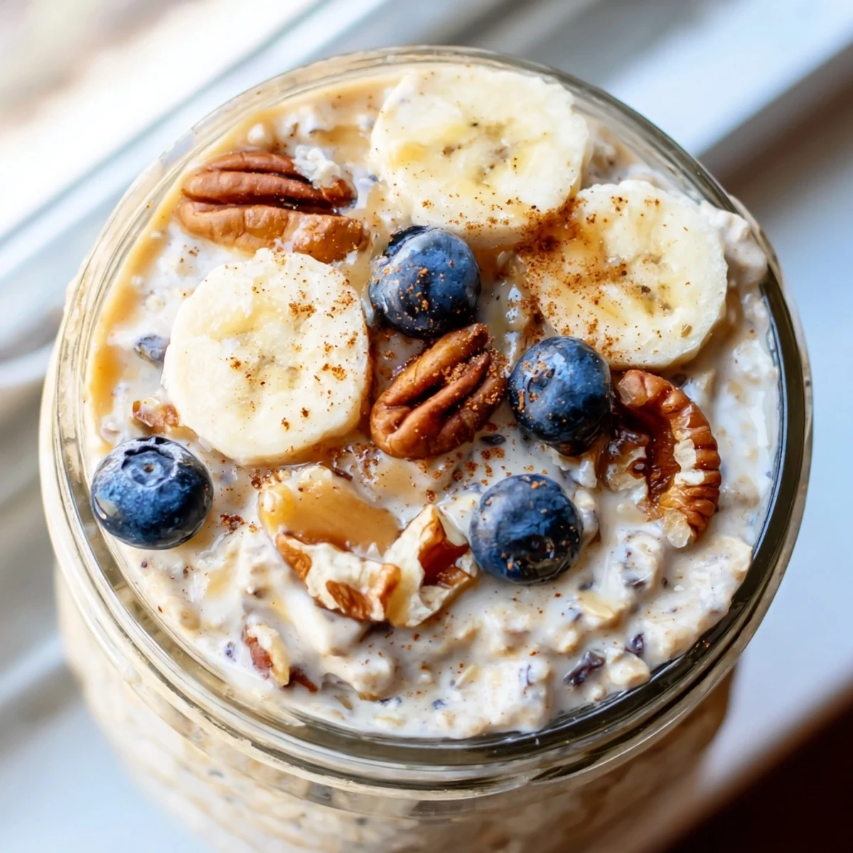 Maple cinnamon pecan overnight oats swirled with rich syrup and crunchy toasted nuts