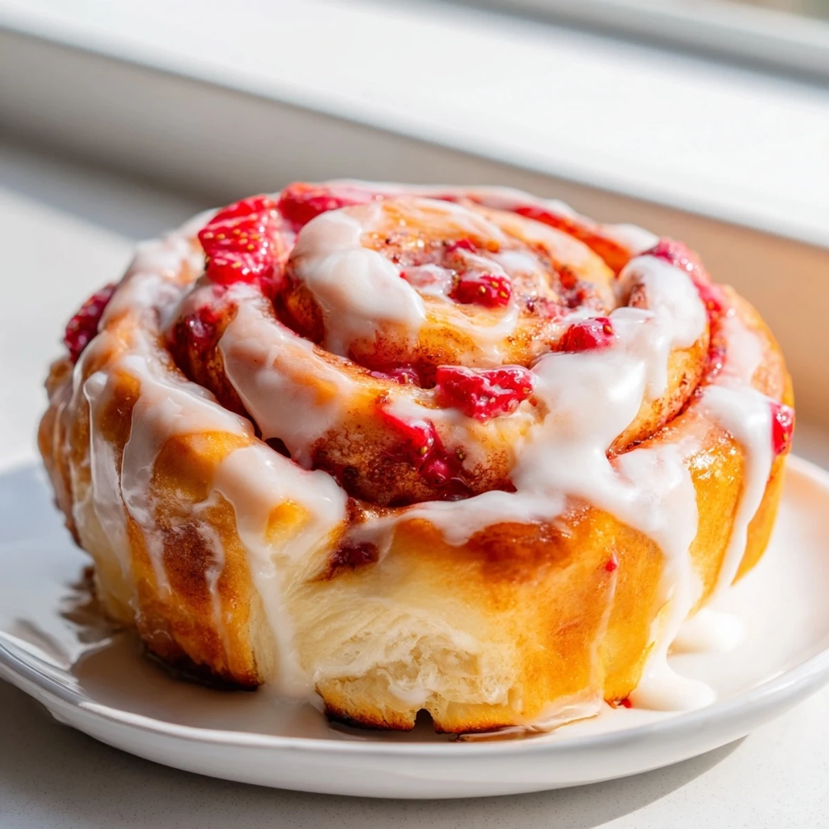 Golden strawberry cinnamon rolls dripping with cream cheese glaze on a rustic plate