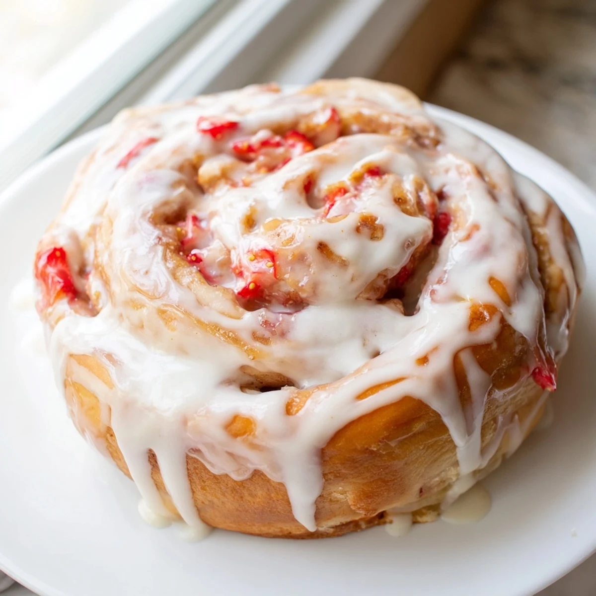 Soft strawberry cinnamon rolls topped with creamy vanilla glaze served for weekend breakfast