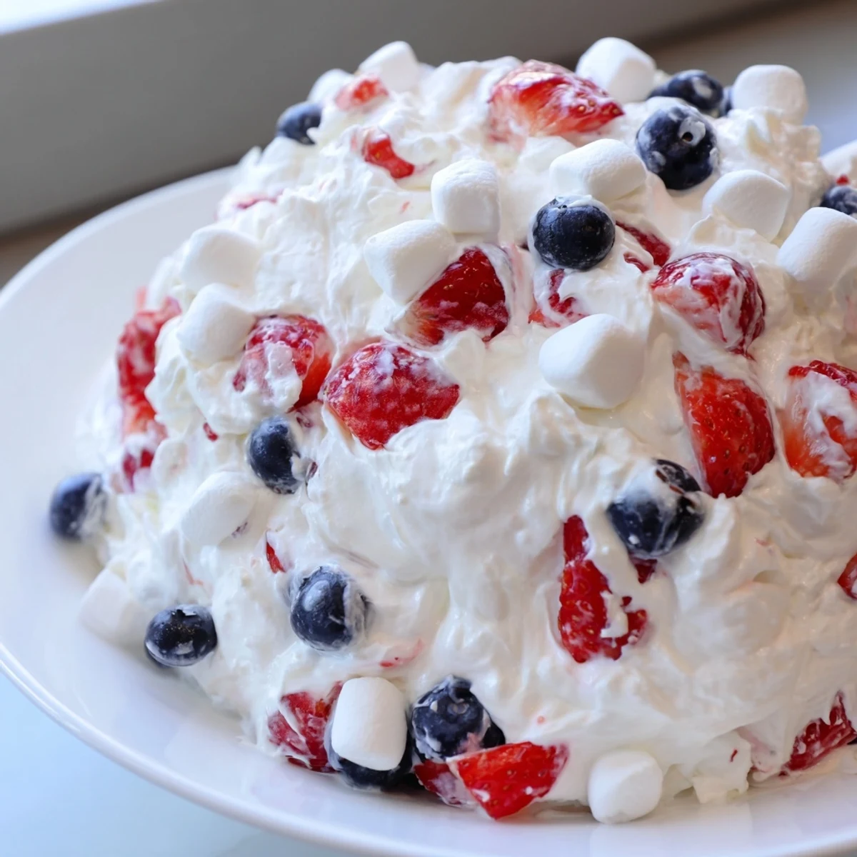 Red White Blue Cheesecake Salad topped with juicy berries and pillowy marshmallows served chilled