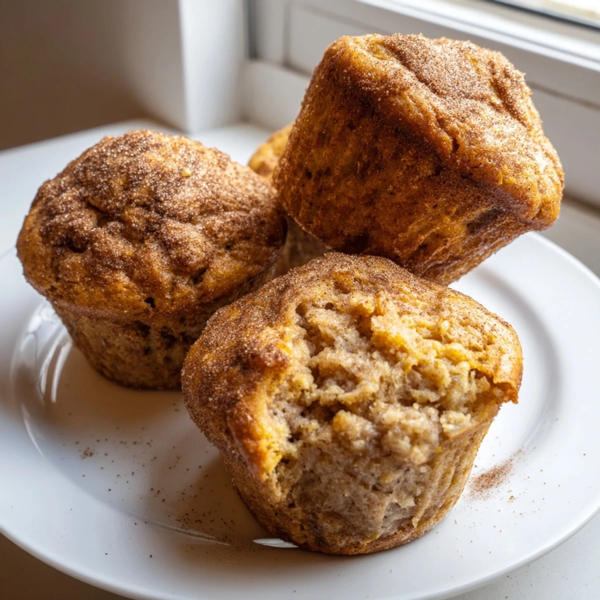 Soft moist banana muffins dusted with cinnamon served warm on a rustic plate