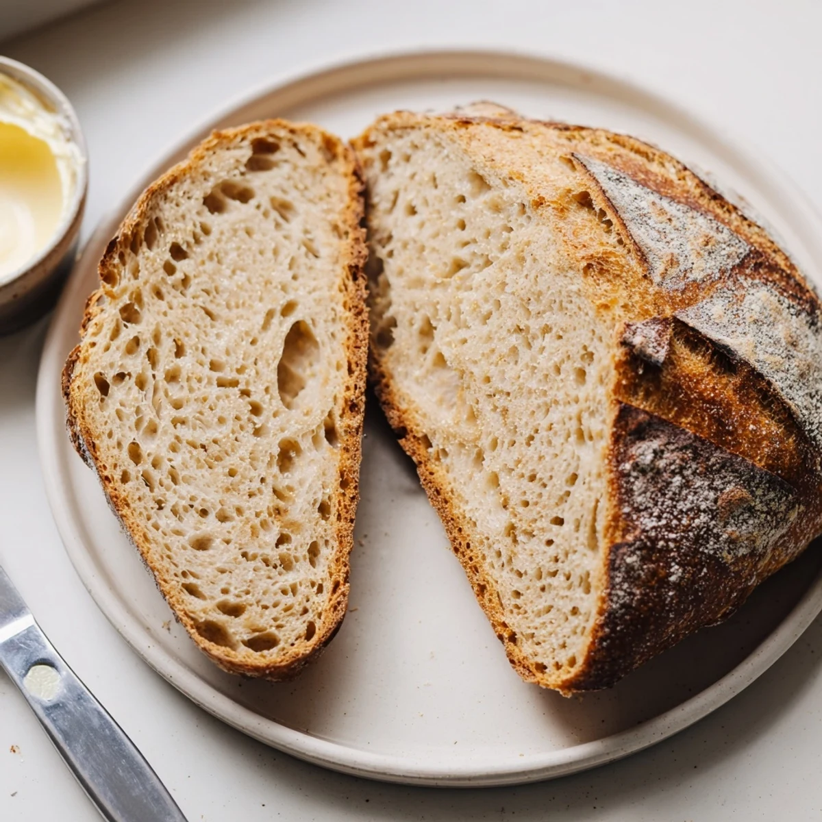 Golden crusty sourdough bread fresh from the oven with a crackly artisan crust