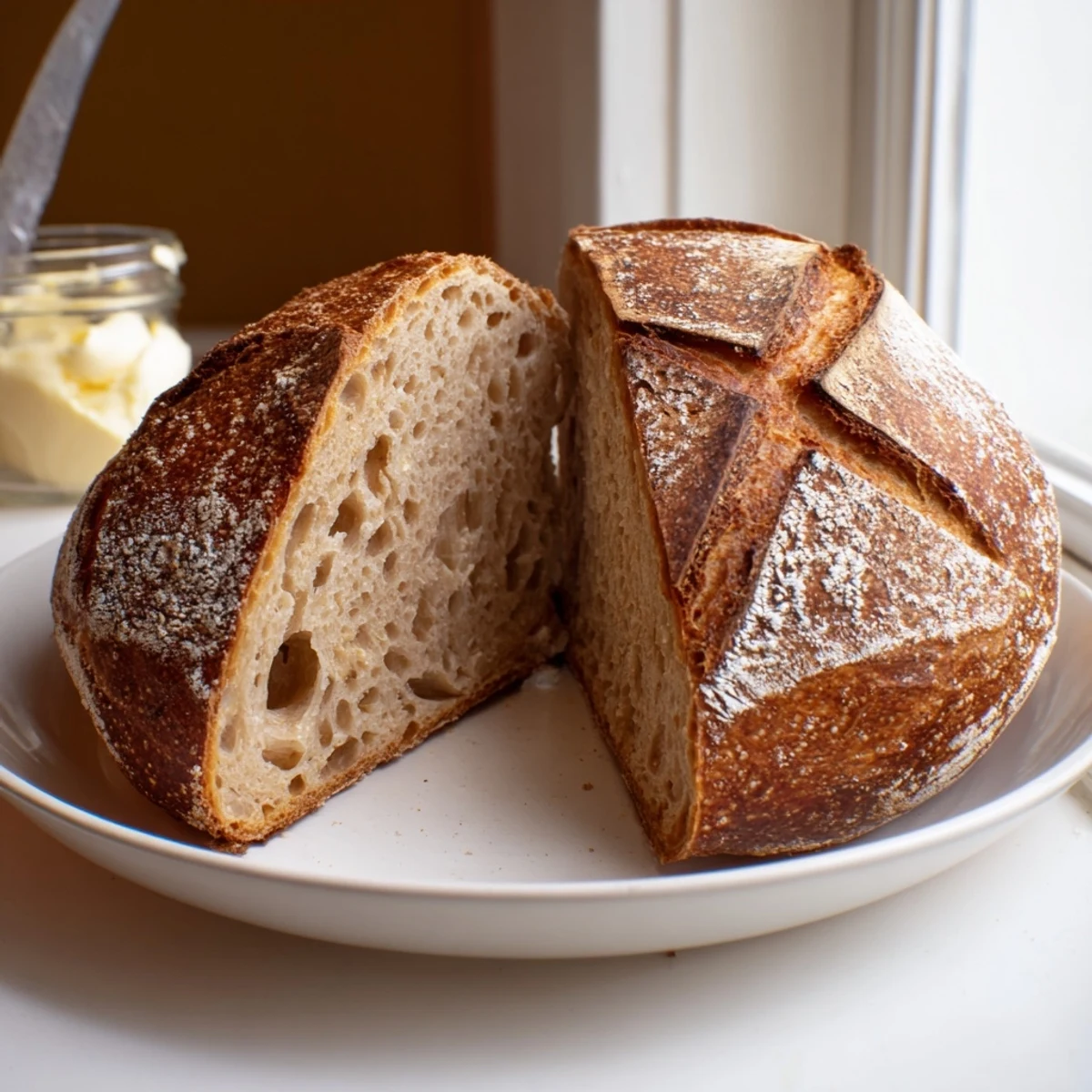 A thick slice of rustic sourdough bread revealing its chewy, tangy interior