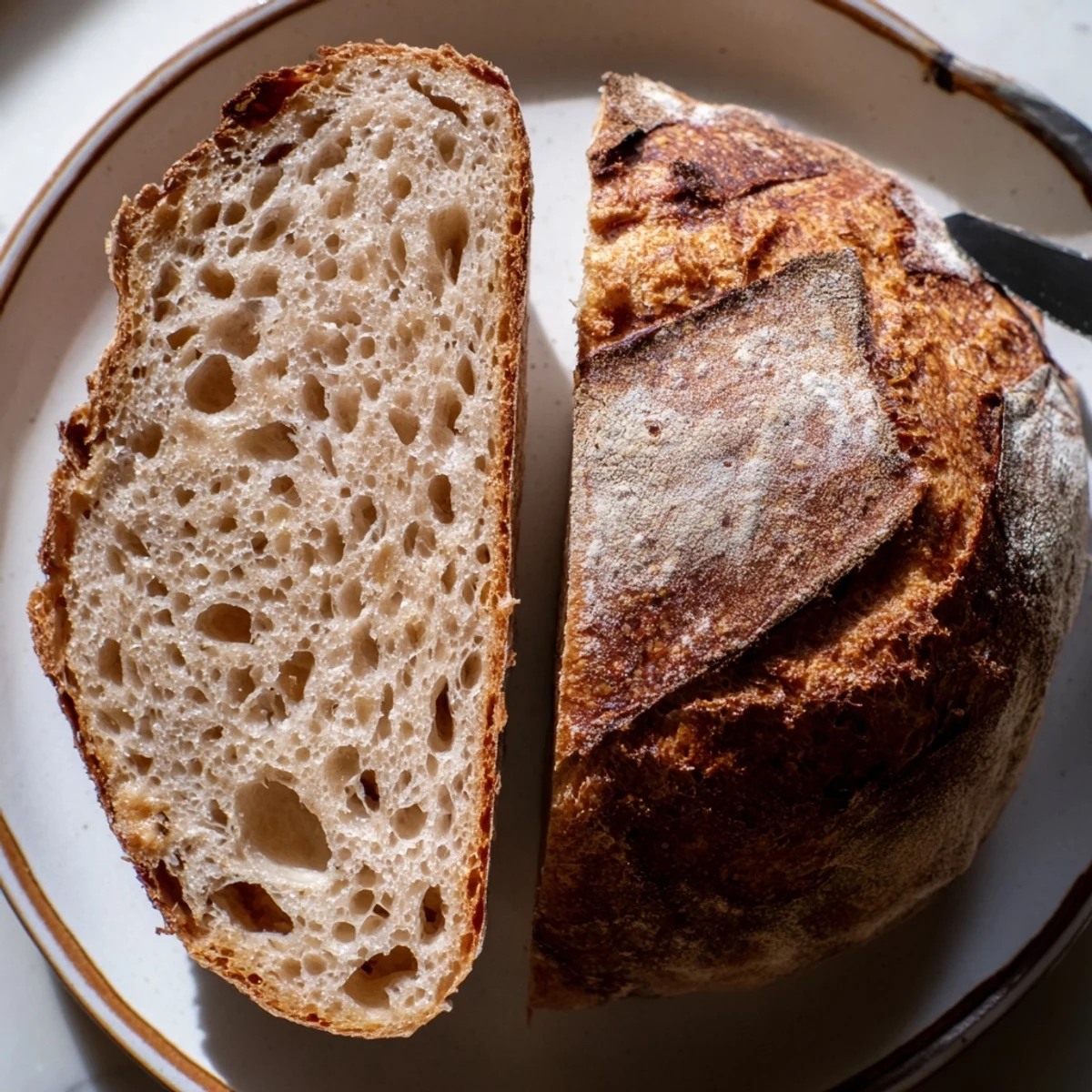 Warm sourdough bread cooling on a wire rack with a perfectly scored top
