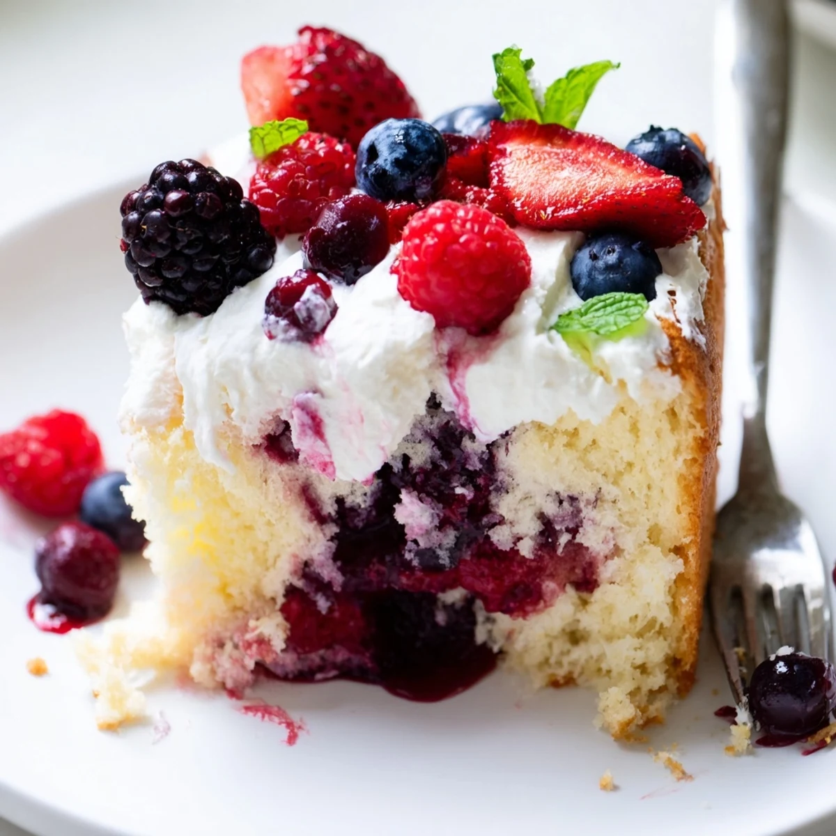 A slice of Summer Berry Poke Cake topped with fresh strawberries and billowy whipped cream.