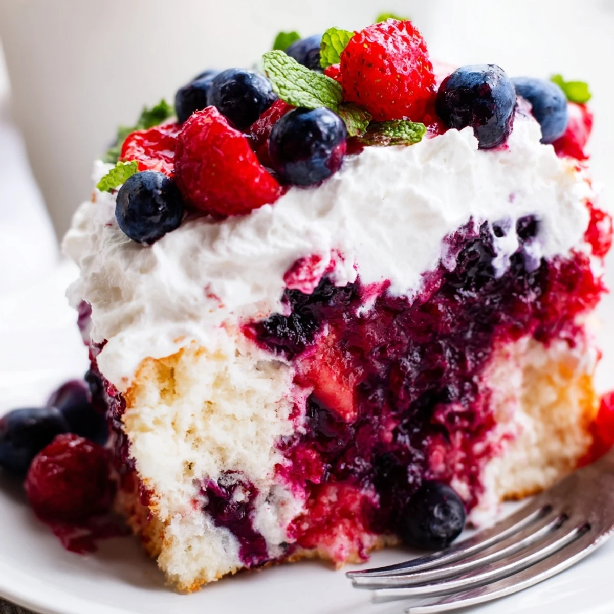 Summer Berry Poke Cake nestled in a rustic baking dish drizzled with vibrant berry sauce.