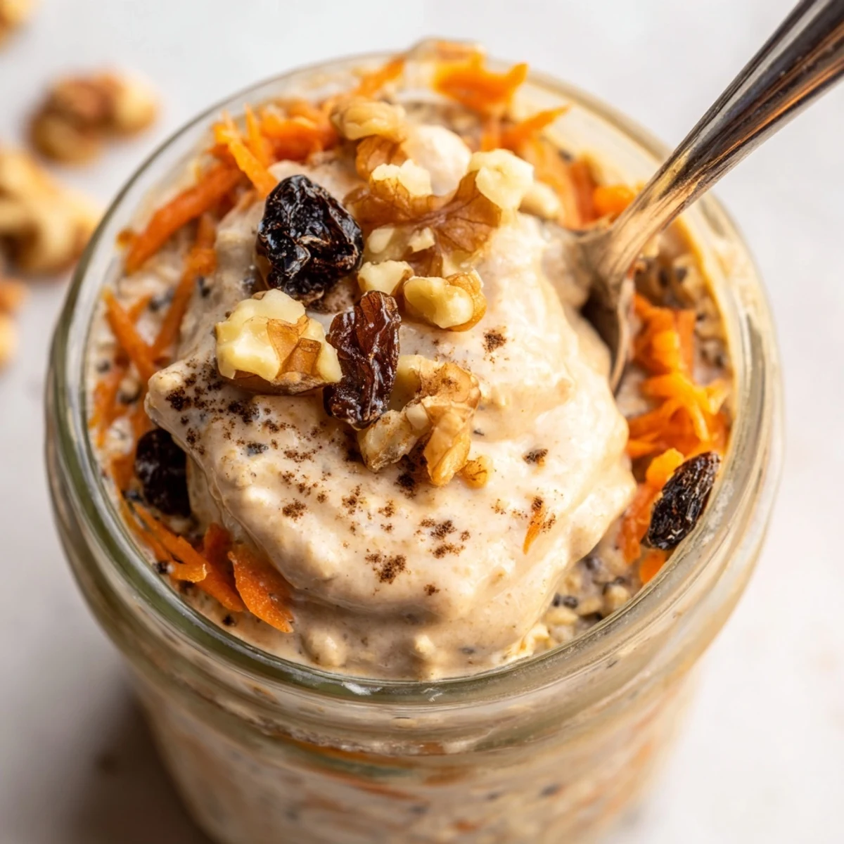 Creamy carrot cake overnight oats in a mason jar topped with chopped walnuts and a drizzle of maple syrup.