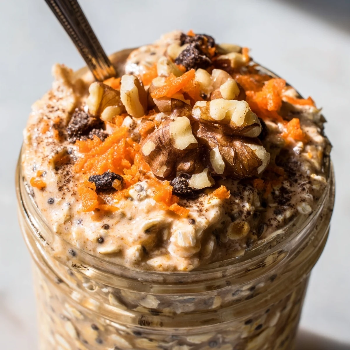Thick spiced carrot cake overnight oats swirled with golden raisins, grated carrot, and a dollop of cream cheese frosting.