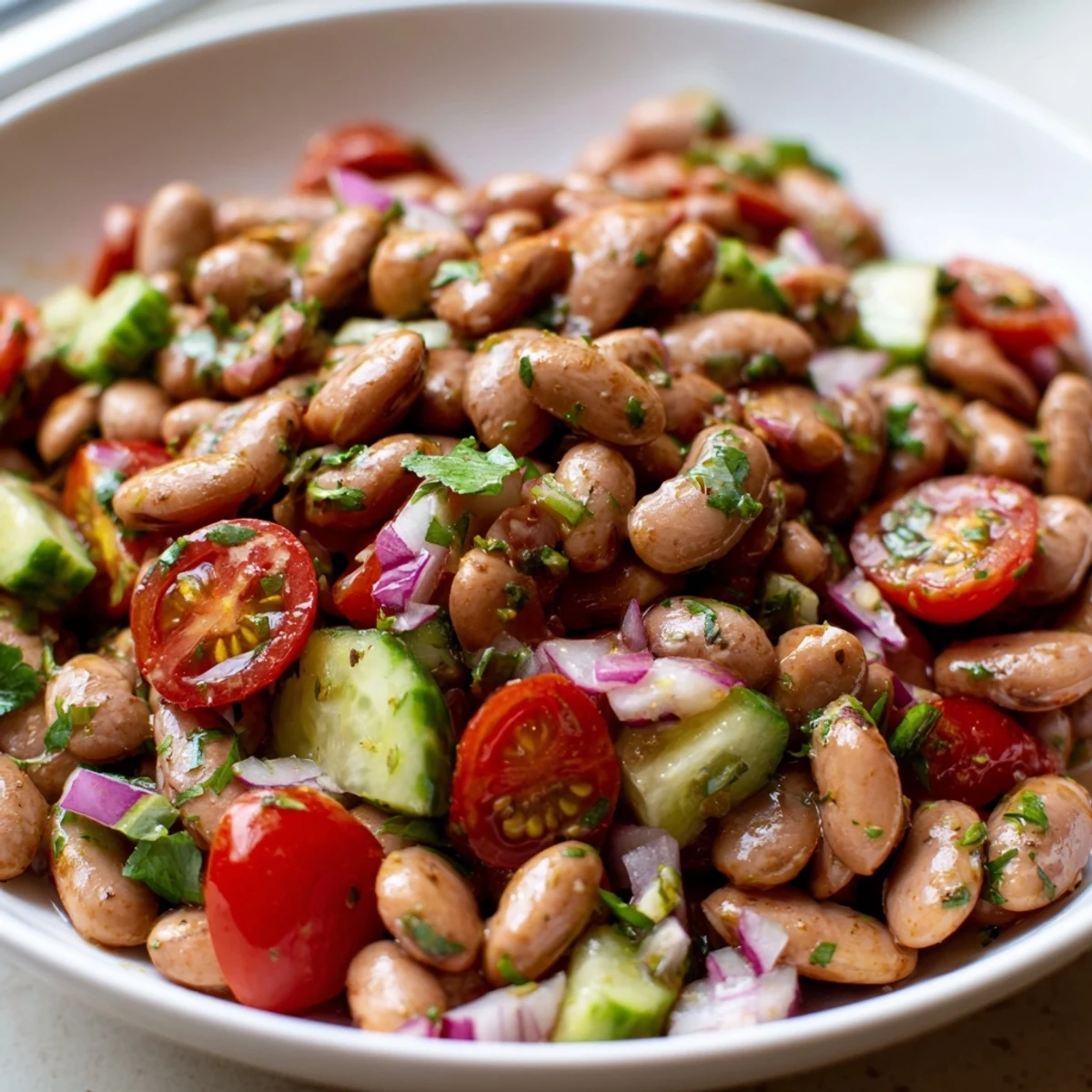 Colorful pinto bean salad tossed with crisp veggies and zesty lime dressing in a bright bowl