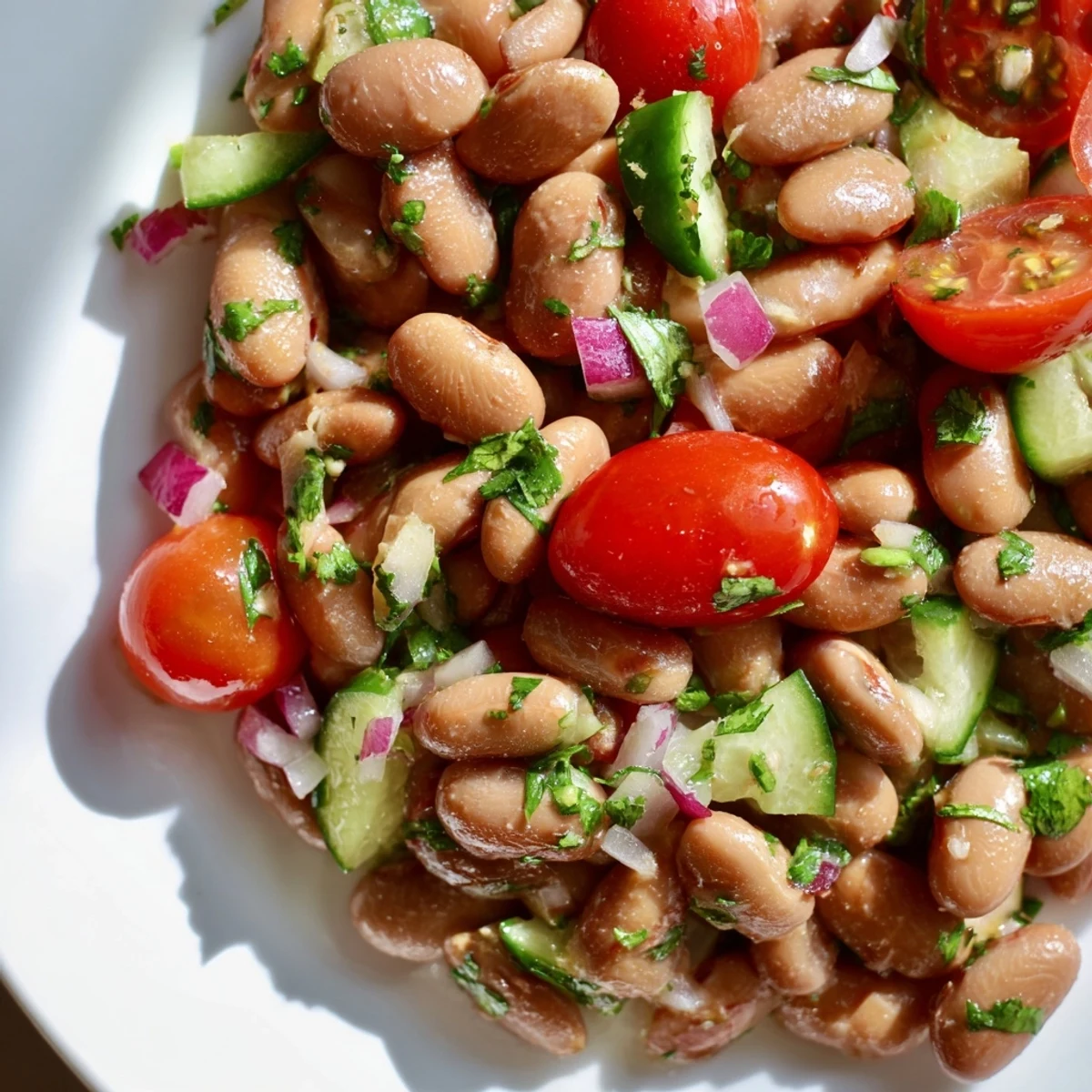 Creamy pinto beans mixed with diced cucumber, tomatoes, and cilantro in a rustic serving dish