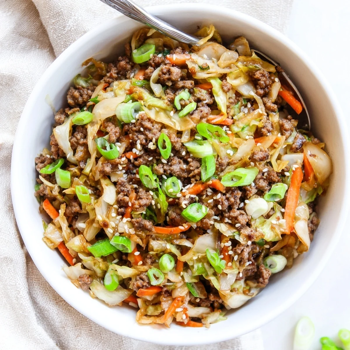Steaming keto egg roll in a bowl with browned pork and tender cabbage