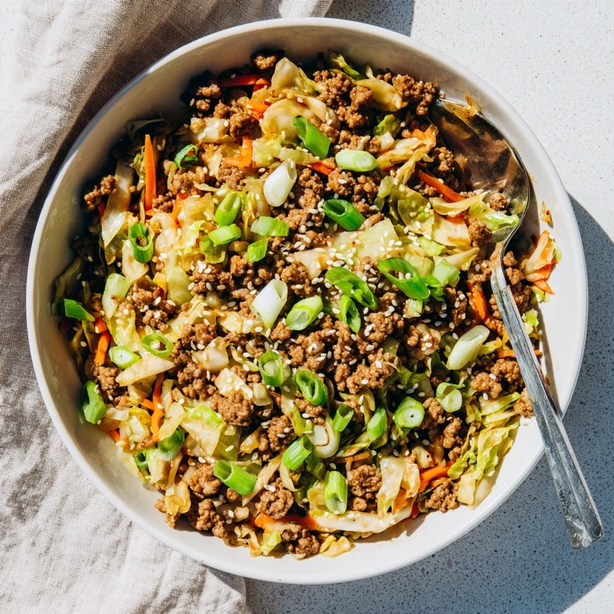Savory low carb egg roll in a bowl sprinkled with sesame seeds