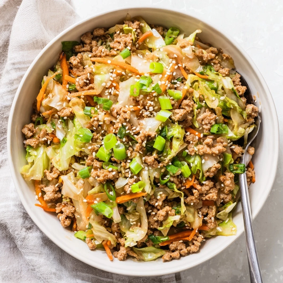 Glossy keto egg roll in a bowl with shredded carrots and ground pork