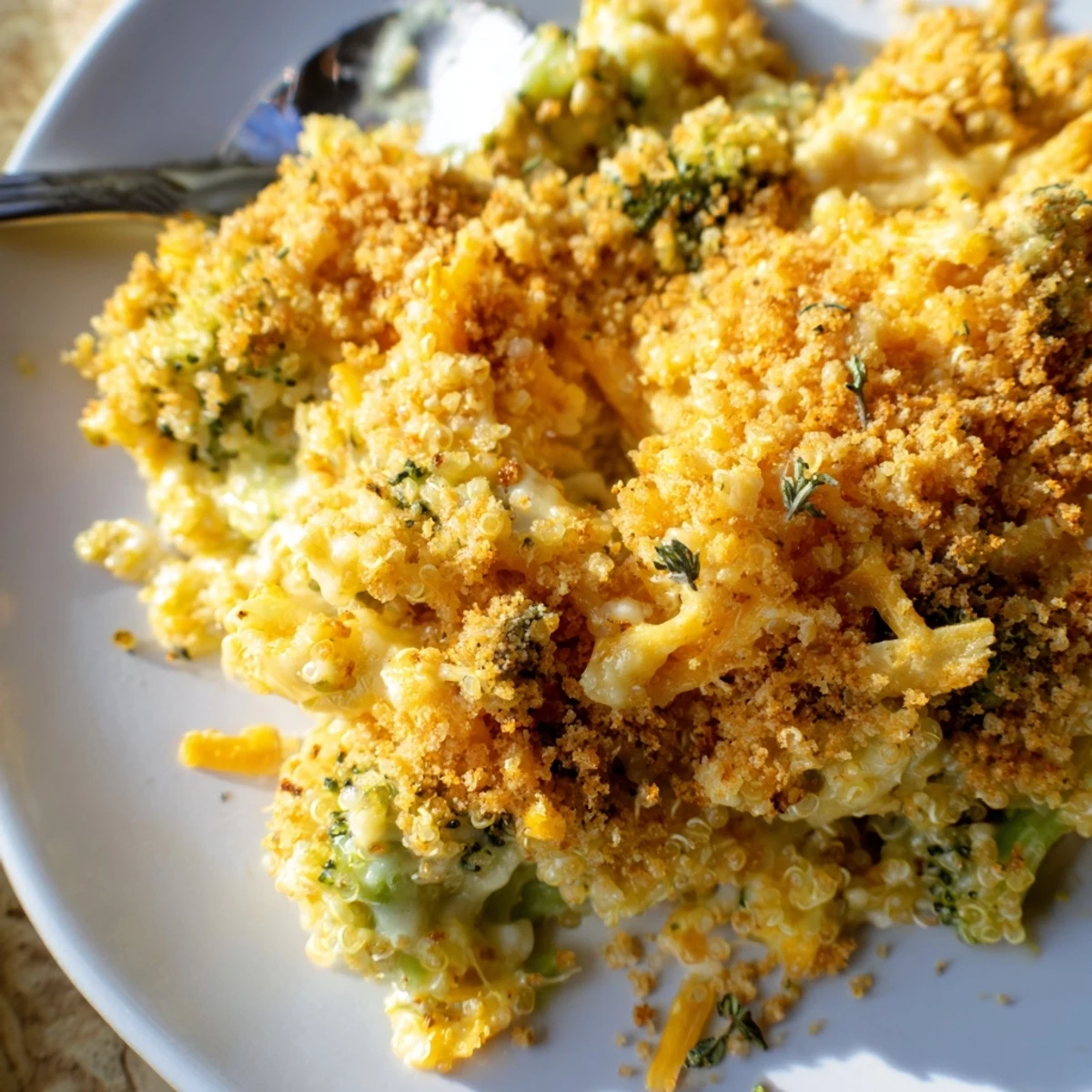 Vegetarian creamy broccoli quinoa casserole topped with melted cheddar and crispy breadcrumbs