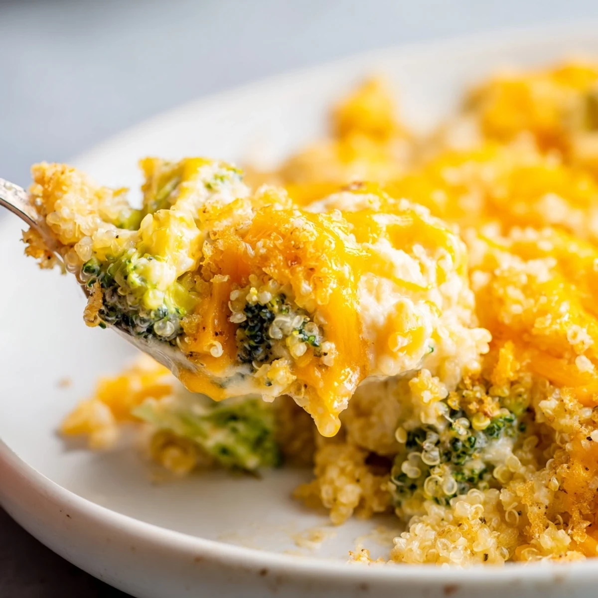 A comforting creamy broccoli quinoa casserole served warm for a cozy family dinner