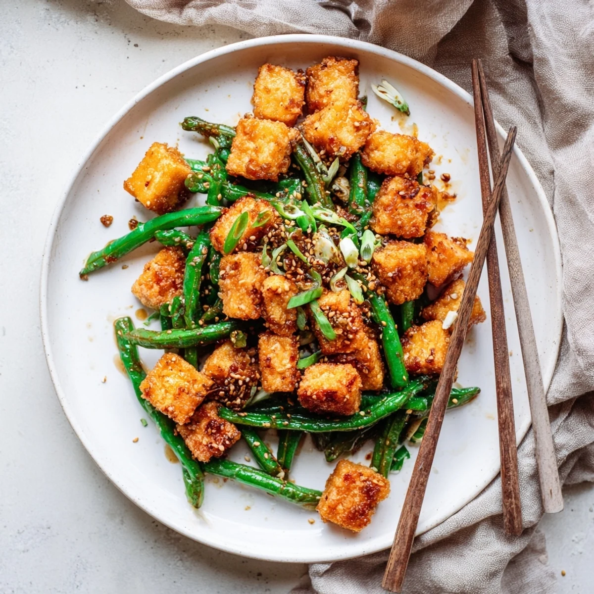 Golden crispy black pepper tofu and green beans in a glossy peppery sauce