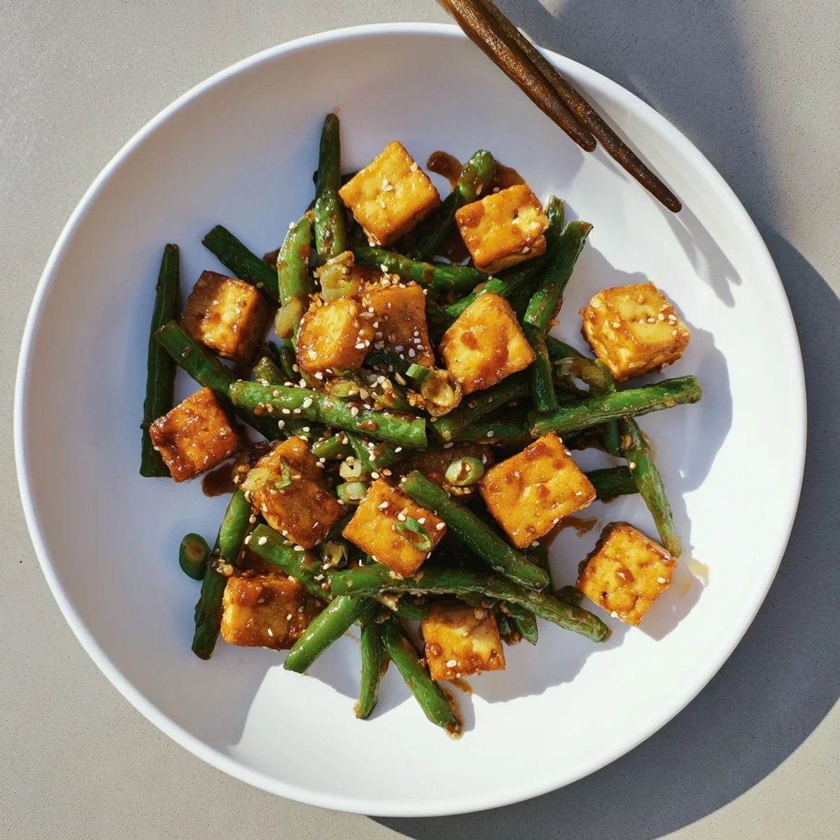 Crispy black pepper tofu stir-fried with tender green beans over steamed white rice