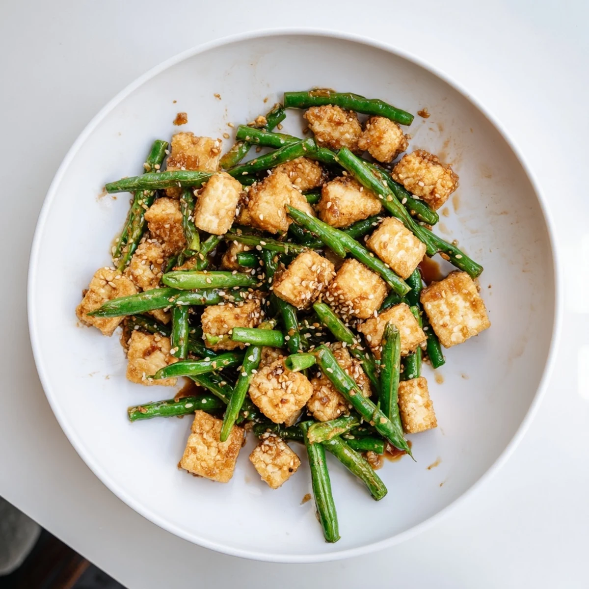 A plate of crispy black pepper tofu and green beans sprinkled with sesame seeds