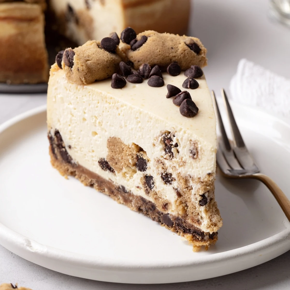 Chocolate Chip Cookie Dough Cheesecake chilled, dense cream cheese with gooey cookie dough pockets.