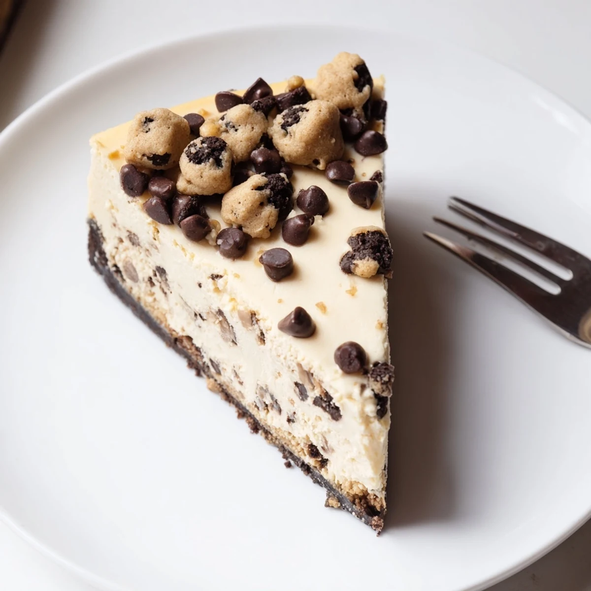 Chilled Chocolate Chip Cookie Dough Cheesecake topped with cookie dough balls and chocolate drizzle.