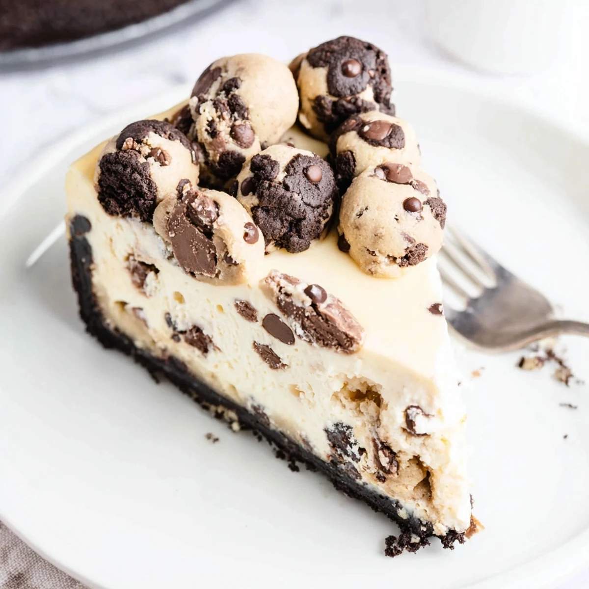 Slice of Chocolate Chip Cookie Dough Cheesecake on plate, chocolate crust and mini chips.
